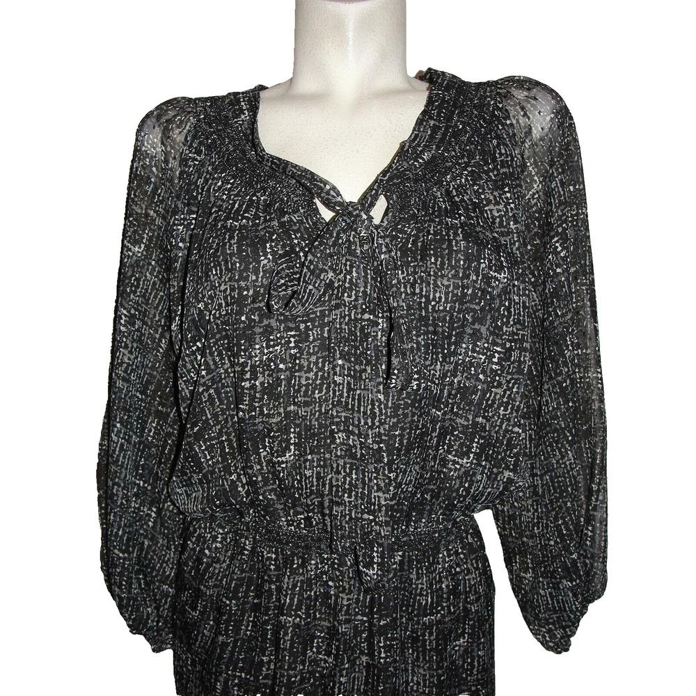 MAX STUDIO Black Silver Sheer Print Long Sleeve Elastic Waist Dress Women's Sz S - Picture 2 of 9